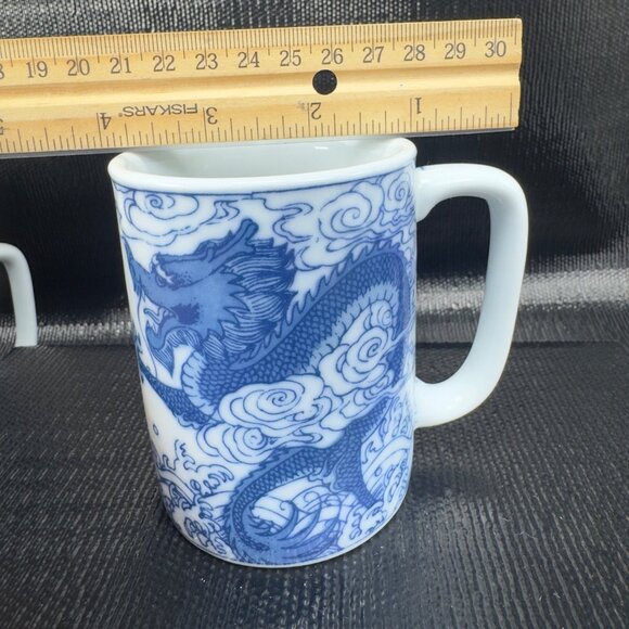 Vintage Chinese Blue Dragon Serpent Coffee Mug Cup Set 2 Stoneware Ceramic Mugs - Picture 5 of 12